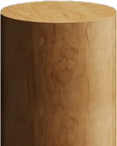 A wooden cylinder with a smooth surface and visible wood grain patterns, standing upright against a plain background. TheCentralCoast.com