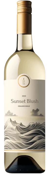 A bottle of 2023 Sunset Blush Chardonnay with a gold cap and a label featuring stylized waves and clouds. TheCentralCoast.com